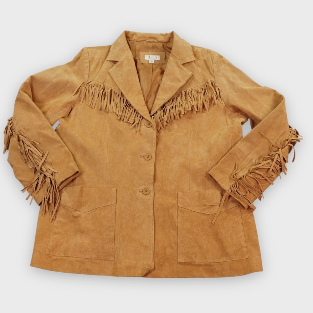 VTG Denim & Company Suede Jacket Womens 1X Brown Tan Fringe Leather Cowgirl